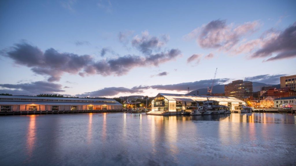 Brooke Street Pier, Tasmania designed by Circa Morris Nunn Architects - Everbright Facade, Everbright Roofing systems, 74mm thickness - clear polycarbonate sheets backlit at night